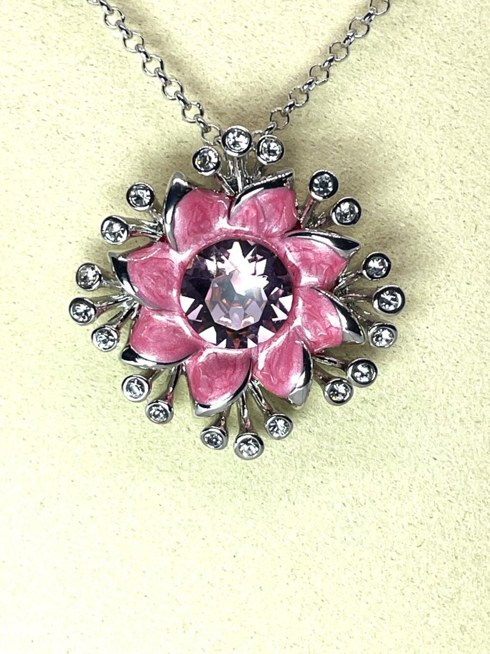 Sunflower Centerpiece Statement Pendant Necklace, Rose Austrian Crystals, 25.5" - Picture 3 of 3